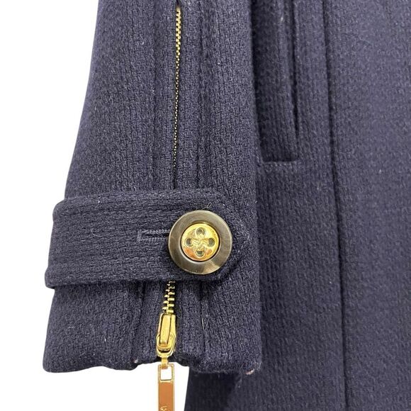 Eliza J Wool-Blend Coat - Navy, Size XS, Belted, Gold Buttons, Leopard Lining - Picture 5 of 13